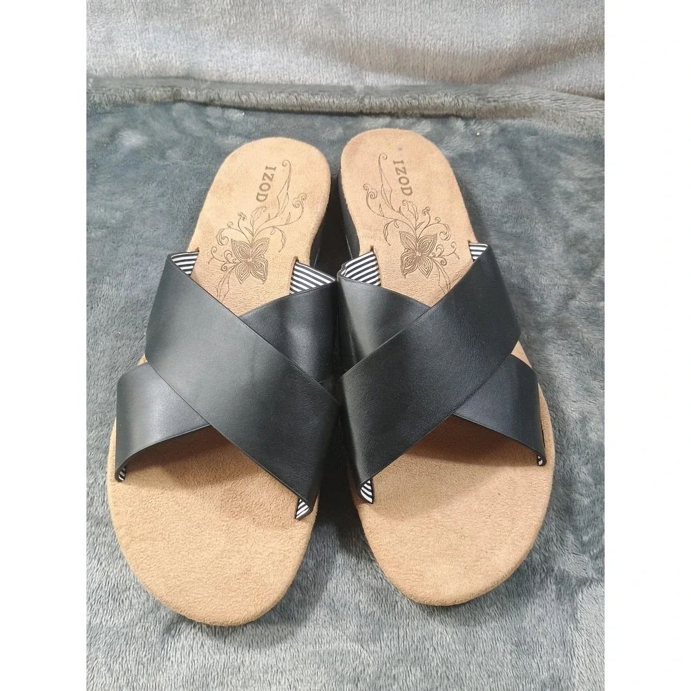 IZOD Womens‎ Alyssa Black 9M Crisscross Strap Slide Sandals